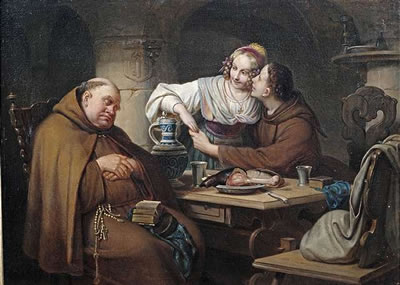 In a cellar. Sleeping friar with lovers