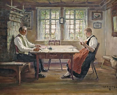 Interior with a peasant couple at a table