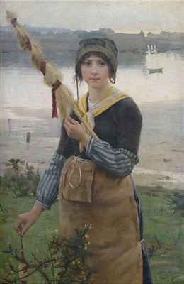 Fisher girl with a spindle in front of an inner harbour.
