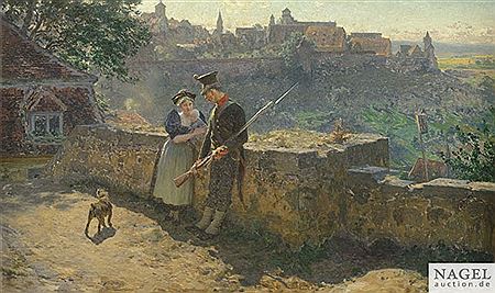 A soldier talking with a woman at a city wall.
