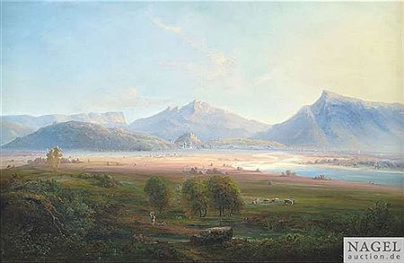 View from the terrace of the church Maria Plain to Salzach valley with Salzburg, Hohensalzburg and Salzkammergut