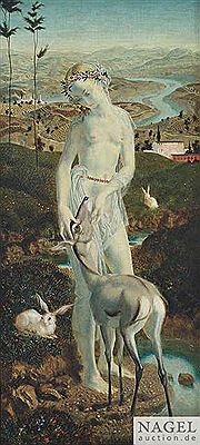 Young girl with a fawn in front of an extensive river landscape