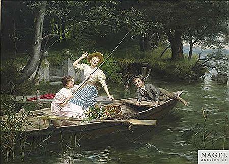 Three children in a punt fishing an old shoe by Marie Mizzi Wunsch - Auction record, sale price, and art valuation. Compare with similar artists and explore comparable artworks.