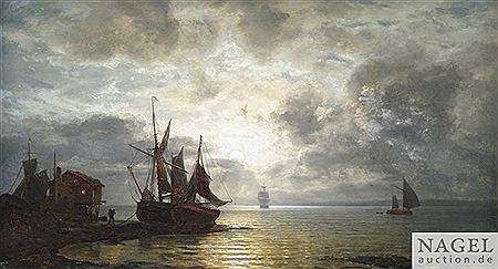 Nightly seacoast with sailing ships at moonlight