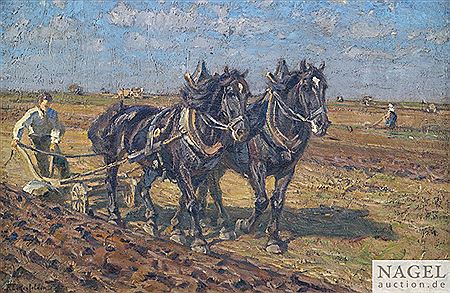 Two horses ploughing