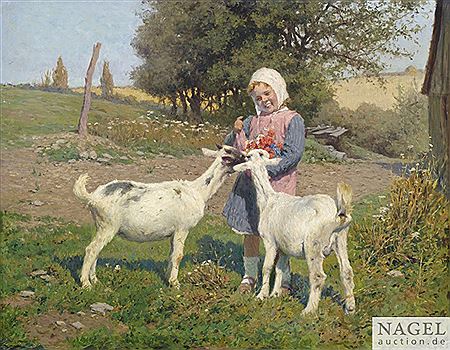 Two goats scrounging flowers from a small girl