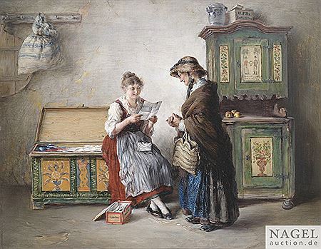 Peasant interior with mother and daughter reading a letter.