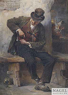 A minstrel with a wine glass in a tavern