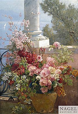 A flower still-life on a lake terrace.