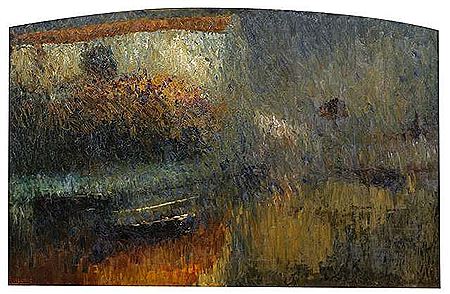 Lake with boat in landscape.
