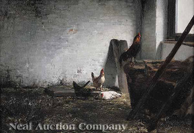 ROOSTERS IN A BARN