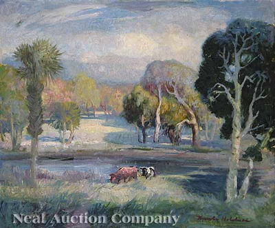 Florida Landscape with Palm Trees and Cows