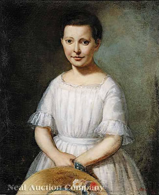Portrait of a Young Girl in a White Dress with a Flowered Hat