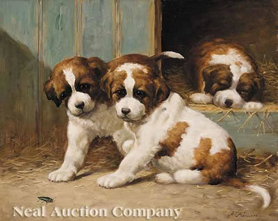 Puppies Playing with a Green Beetle