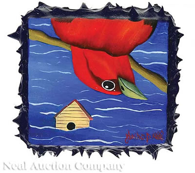 A collection of four paintings of birds including "Yellow-Tailed Diamond Bird", "Common Crow", "Scarlet Tanager" and "Red Bishop"