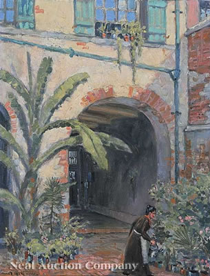 "Tending the Garden, Vieux Carré Patio" by Morris Hobbs - Auction record, sale price, and art valuation. Compare with similar artists and explore comparable artworks.
