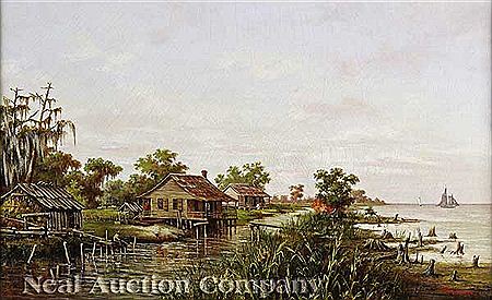 "Three Cabins Along Shoreline"