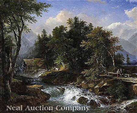 "Figures on a Path Beside a Rushing Mountain Stream"