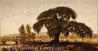"Louisiana Landscape with Live Oak and Men Crossing a Footbridge"