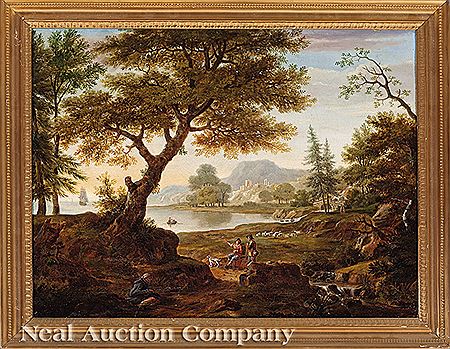 "Pastoral Landscape with Shepherds and a Lake"