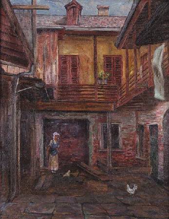 French Quarter Courtyard with Girl Feeding