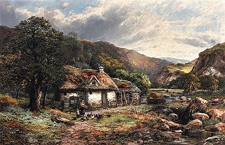 A Country landscape, with a girl feeding chickens by a cottage