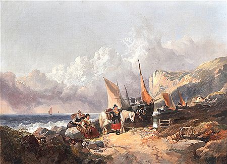 A Seascape with beached vessels on the shore, and figures ready to unload the catch (2)