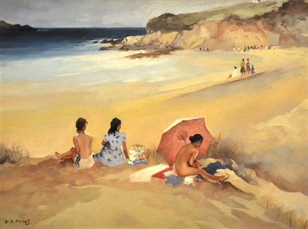 A Beach scene, with figures seated on the sand dunes