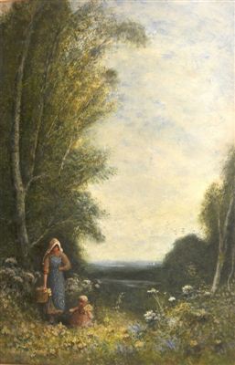 A Mother and Child picking flowers in an extensive landscape by Frederick Hines - Auction record, sale price, and art valuation. Compare with similar artists and explore comparable artworks.