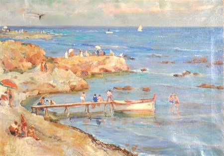 A Beach scene with figures on a Jetty