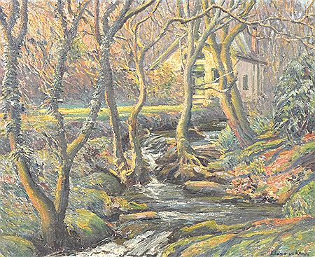 A wooded river landscape with the studio of Samual John Lamoma Birch in the distance