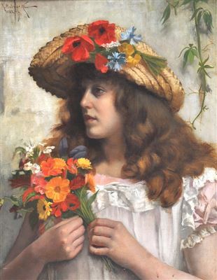 'Fresh from the Garden', A young girl in a white and pink dress holding a bouquet of flowers wearing a straw boater adorned by flowers