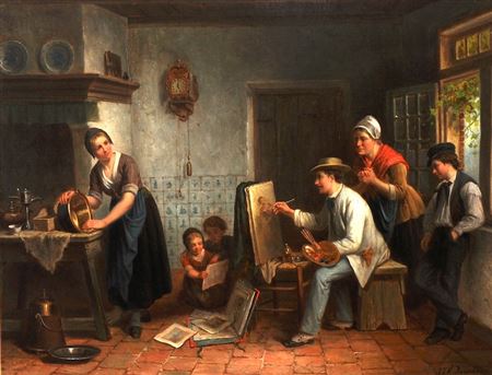 The Artist, Interior of a Kitchen, an artist with figures looking on
