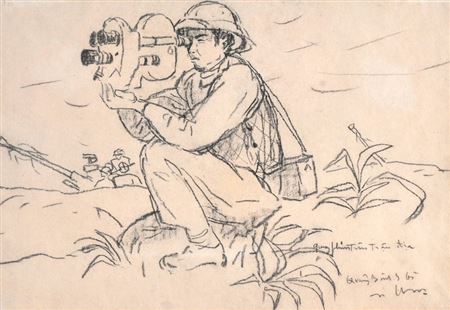 A Man with a Cine Camera, in a battle scene by Quang Tho - Auction record, sale price, and art valuation. Compare with similar artists and explore comparable artworks.