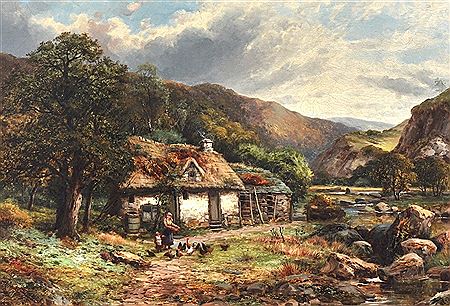 A Mountainous river landscape, with a Mother and Child feeding Ducks in front of a cottage