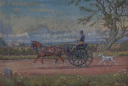 A Man drawing a Horse and Cart, a Dalmation following behind, and a wonderful estate house beyond
