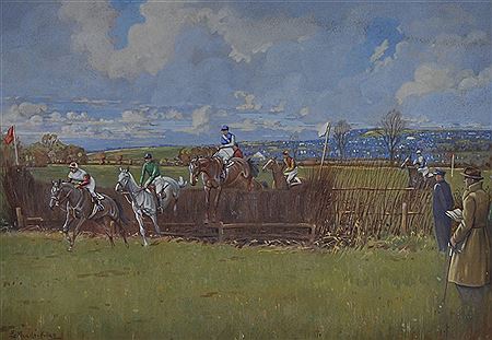 A Point to Point, with Horses taking a fence by Eric Meade-King - Auction record, sale price, and art valuation. Compare with similar artists and explore comparable artworks.