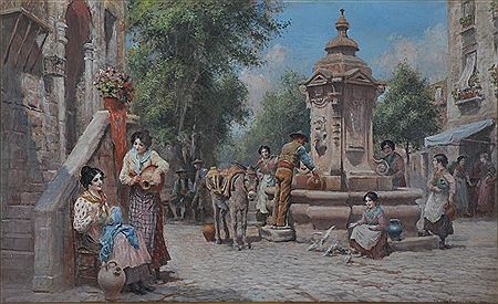 "At The Fountain", Figures in a Market Square, and the companion piece, "Sunny Italy", a Venetian Canal Scene, a pair (2)