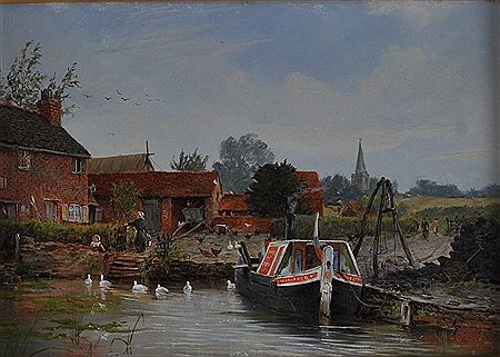 'On The Canal', with the moored barge, 'Winifred' and Ducks in the water