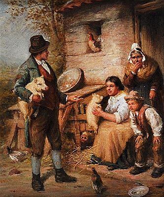 'Buying a Piglet', figures by a cottage, and the companion piece, a cottage interior, a pair (2)