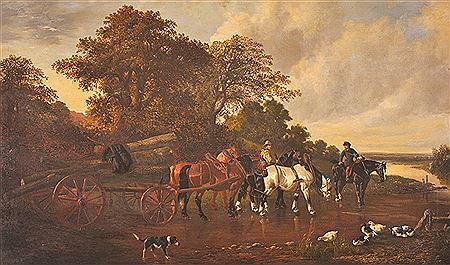 'The Logging Team', a young boy with a picnic basket, conversing with the rider of the logging cart, a dog in the foreground, and ducks by the water's edge