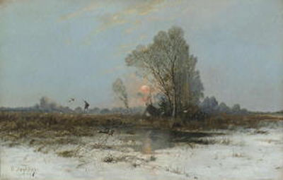 Aufsteigende Enten in winterlicher Moorlandschaft