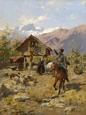 Kaukasische Reiter und Bauern