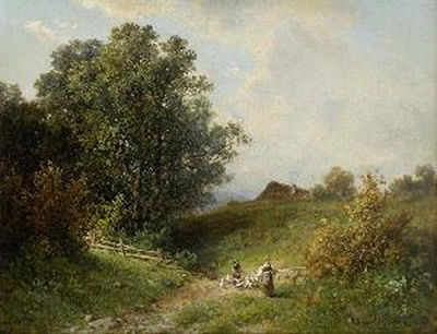 Zwei Gänsehirtinnen in Taunuslandschaft