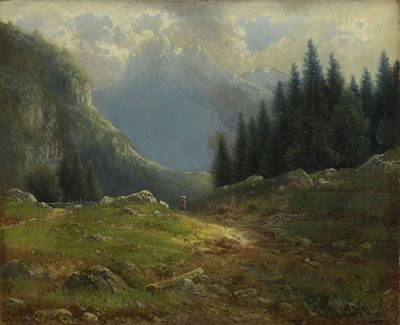 Gebirgslandschaft mit Bäuerin