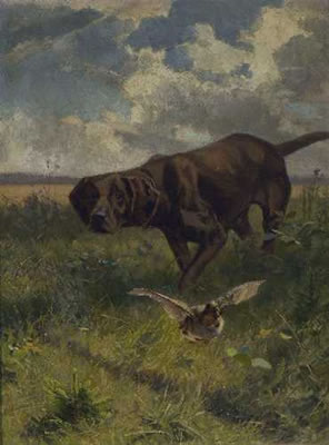 Jagdhund mit auffliegendem Rebhuhn