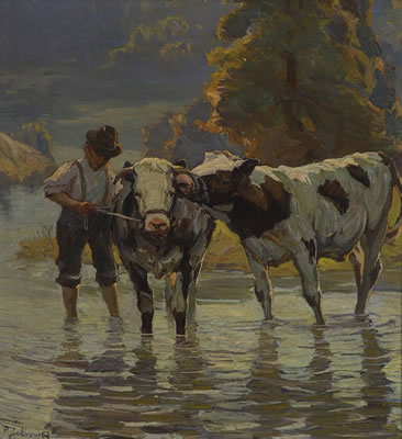 Hütejunge mit Rindern am Wasser