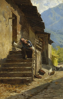 Bäuerin mit Kind auf der Treppe vor dem Bauernhaus