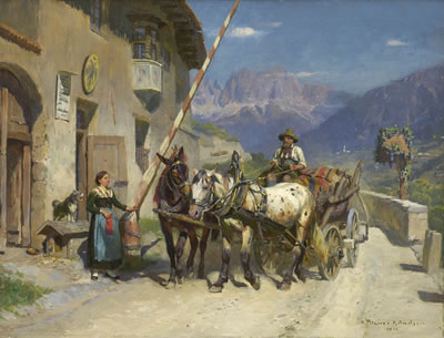 Tiroler Bauer mit Pferdefuhrwerk an der Grenzstation