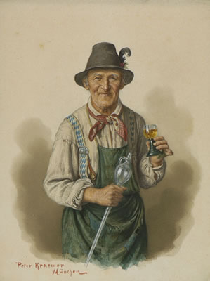 Bauern mit Weingläsern.
